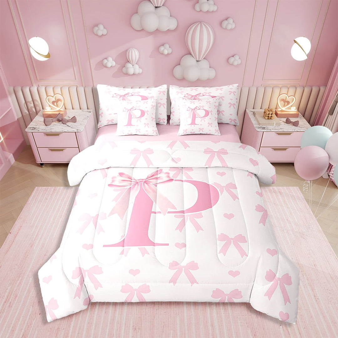 Initial Letter P Bed Set in a Bag 7 Pcs,Princess Style Pink Bowknot Girly Romantic Bedding Set,Dreamy Bow Love Hearts Pink Comforter with Fitted,Flat Sheet,Pillowcase,Pillow Covers,Twin