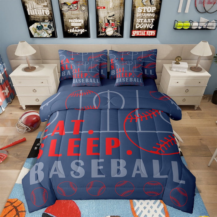 Baseball Twin Comforter Set with Sheets Sport Game Ball Theme Bed in a Bag Baseball Room Decor Bed Set Sports Bedding Sets Teen Sports Sheets 7 Pcs Navy Blue Red