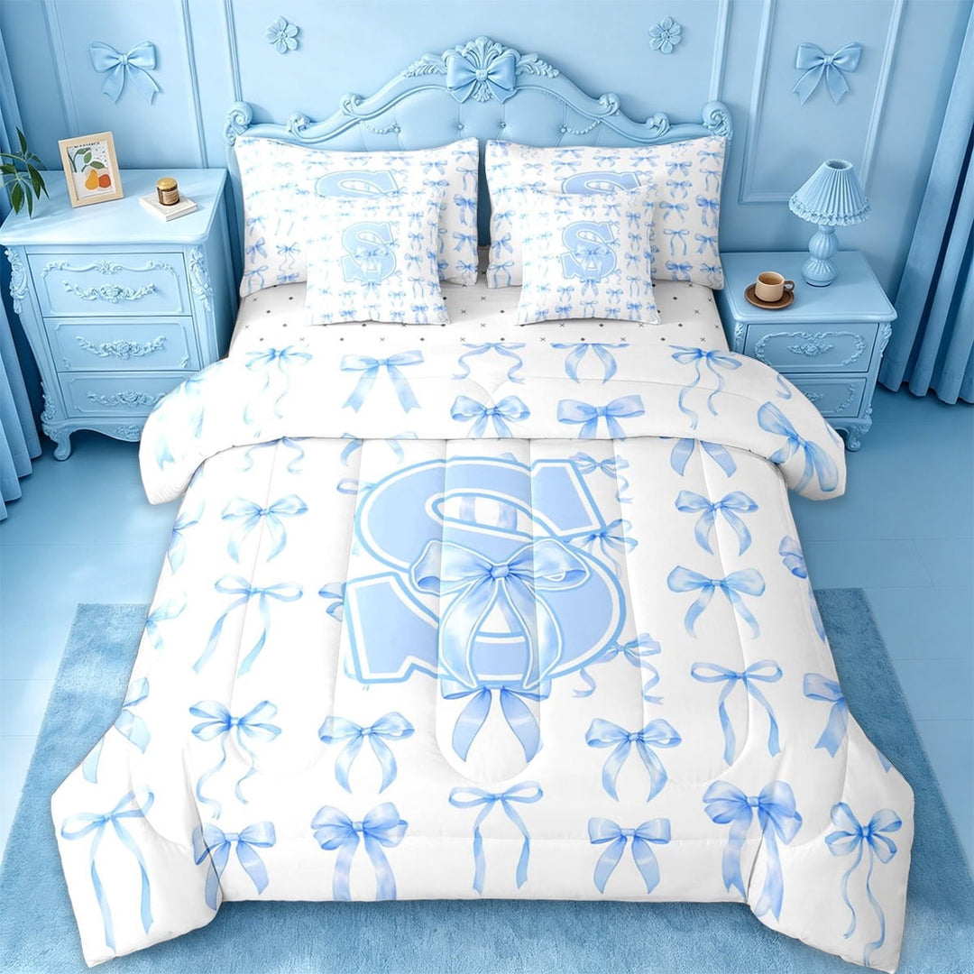 Manfei Blue Ribbon Bowtie 7 Pieces Bedding Comforter Set For Girls,3D Cartoon Letter S Initial Lettering Full Bedding Set,Reversible