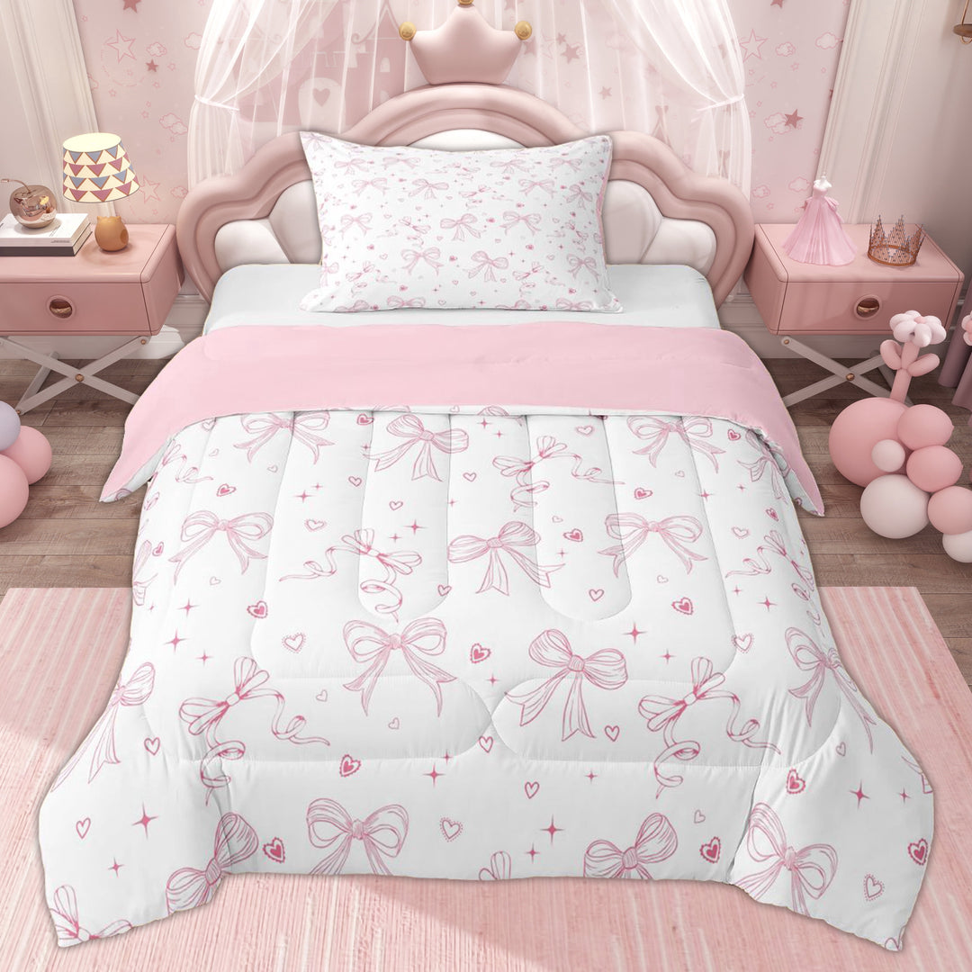 Erosebridal Stripes Bowknot Girls Twin Comforter Sets, Cute Love Heart Bedding Set, Pink Reversible, 2-Piece