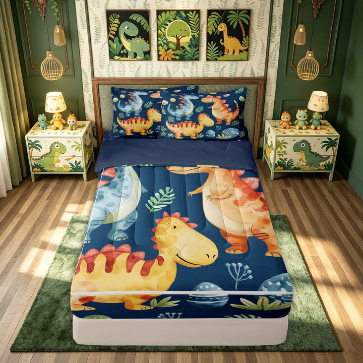 meiyoeat Navy Watercolor Cute Dinosaur Zipper Full Size Comforter Sets with Fitted Sheet and 2 Pillowcases for Kids Girls Boys, Kawaii Animal Zipper Bedding Set, Blue, Blue Reversible, 4 Pieces