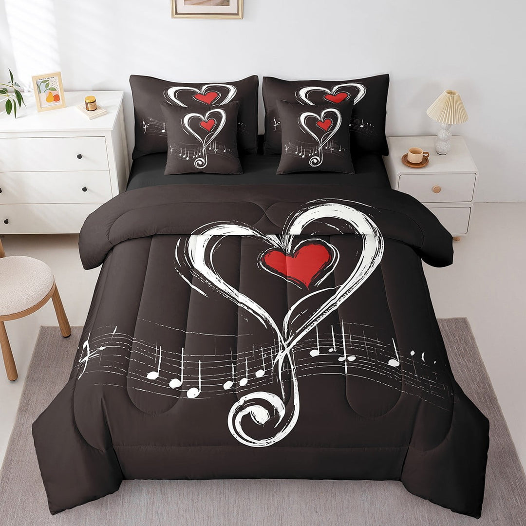 Love Heart Bedding Twin Size 7pcs Bed in a Bag, Geometric Music Note Printed Lightweight Comforter Set, Musical Notation Bedding Comforter Sets, Black Red Modern Bed Sheets Set