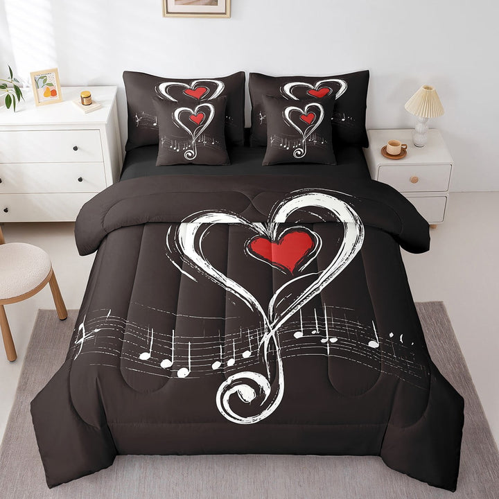 Love Heart Bedding Twin Size 7pcs Bed in a Bag, Geometric Music Note Printed Lightweight Comforter Set, Musical Notation Bedding Comforter Sets, Black Red Modern Bed Sheets Set