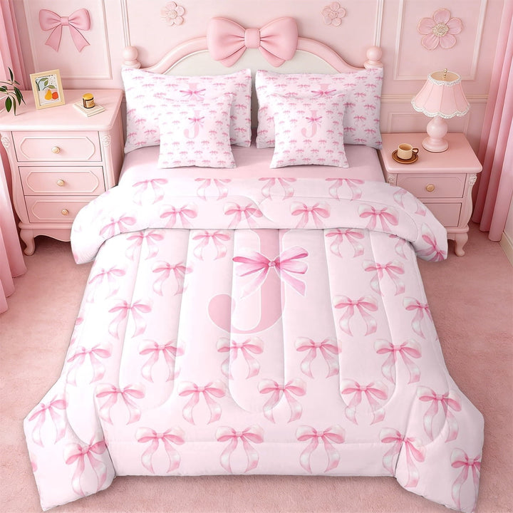 Erosebridal Fashion Bow Tie 7-Piece Twin Bedding Sets For Girls,Pink Letter J Initial Monogram Bedding Comforter Set,Pink Reversible