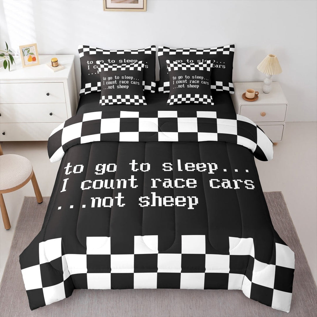 jejeloiu Race Car Bedding Comforter Set 7-Piece,Geometric Geometric Plaid King Bedding Sets,White Black Bed Sheets For Boys Kids,Ultra Soft Home Decor Reversible