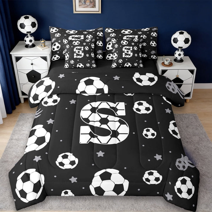 Erosebridal Initial Alphabet S 7-Piece Twin Bedding Sets,Ball Sport Games Theme Kids Bedding Comforter Set For Football Boys,Reversible Black