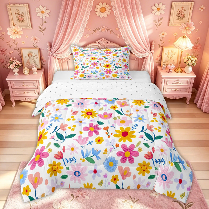 Meiyoeat Spring Garden Flower Full Size Comforter Sets for Kids Girls, Colorful Cartoon Floral Bedding Sets, Reversible, 3 Pieces