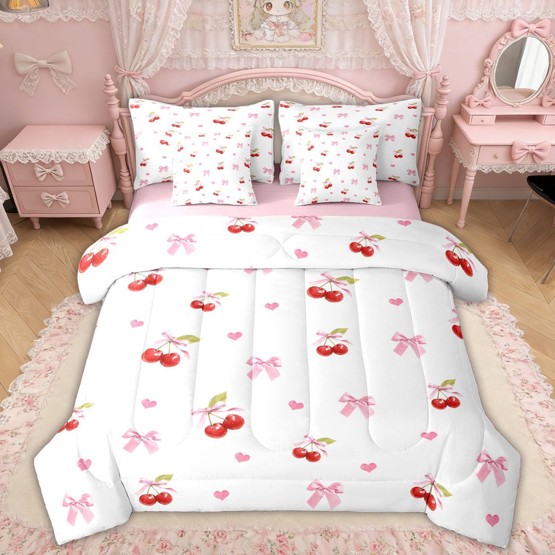 Erosebridal Princess Bowknot Twin Bedding Sets for Girls Women, Kawaii Cherry Bow Bedding Comforter Set, Pink Reversible, 7-Piece