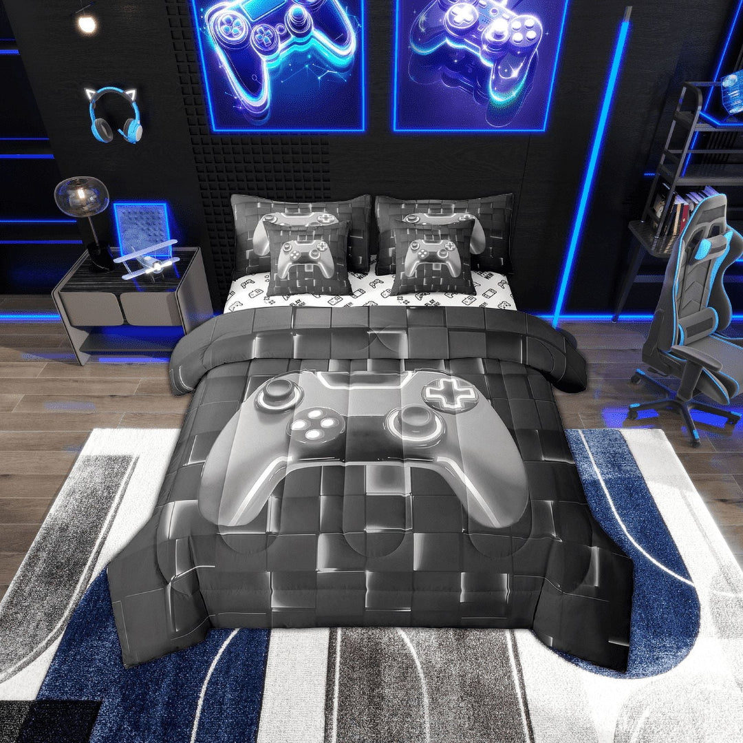 Erosebridal Gray Gamepad Bedding Twin Size, Neon Light Geometric Square Comforter Sets with Sheets, Gaming Bedroom Decor, Reversible 7pcs
