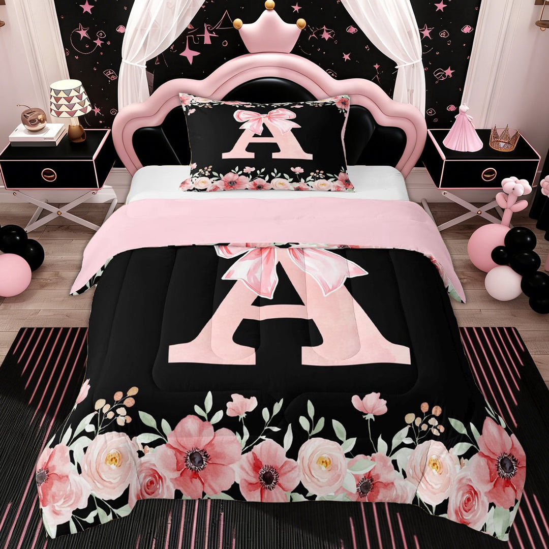 Erosebridal Letter A Twin Comforter Sets for Girl, Cherry Blossoms Bedding Set, Black Pink, 2 Pieces