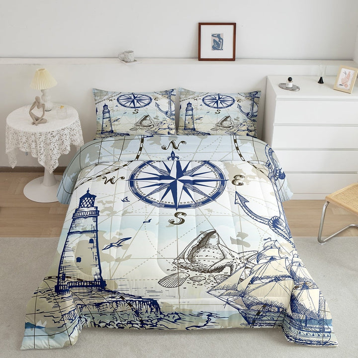 Nautical Theme Comforter Set Full Ocean Sea Bedding Set, Vintage Lighthouse Anchor Bedding Comforter Sets Retro Compass World Map Duvet Set, Starfish Conch Seashell Quilted Comforter