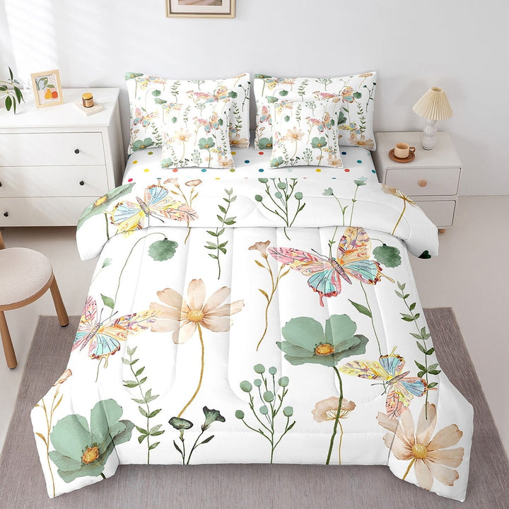 Watercolor Floral 7 Piece Bedding Sets Twin, Sage Green Beige Flower Butterfly Comforter Set For Girls Teens Adult Women Bedroom, Rustic Farmhouse Bed In A Bag Pastoral Branches Aesthetic Sheet Set