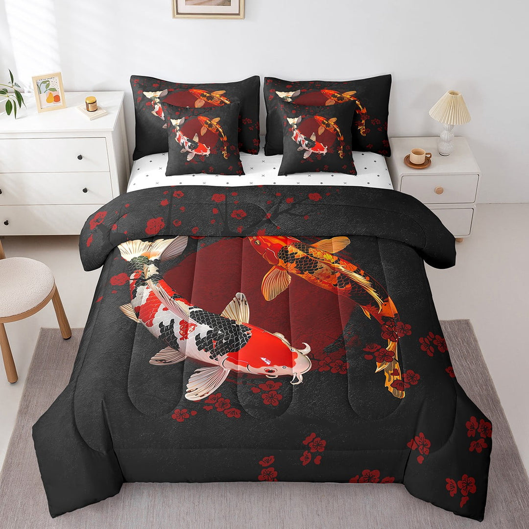 7 Pieces Twin Size Koi Fish Comforter Set,Marine Animals Cherry Blossom Branch Romantic Bedding Set,Japanese Ukiyo-e Red Black（Comforter+Fitted+Flat Sheet+2 Pillowcases+2 Throw Pillow Covers
