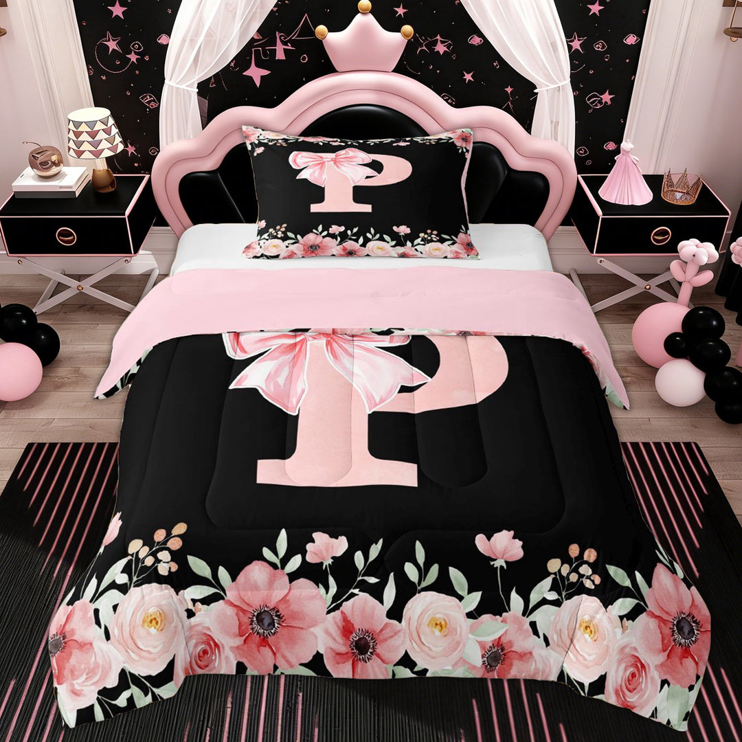 Erosebridal Cute Bowknot Floral Twin Comforter Sets, Black Pink Initial P Bedding Set, 2-Piece