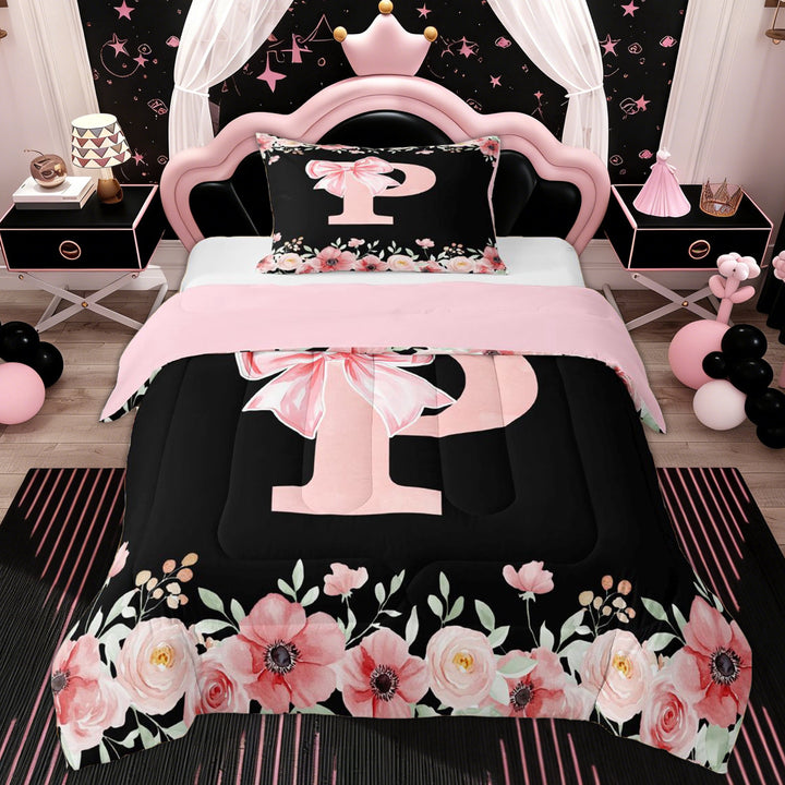 Erosebridal Cute Bowknot Floral Twin Comforter Sets, Black Pink Initial P Bedding Set, 2-Piece