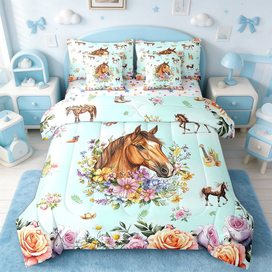 Erosebridal Horse Bedding Sets Twin Size,Rustic Farmhouse Wildlife Comforter Sets with Sheets,Watercolor Flower Bed in a Bag Twin Size,Super Cozy Room Decoration Reversible,7-Piece