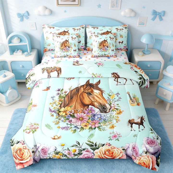 Erosebridal Horse Bedding Sets Twin Size,Rustic Farmhouse Wildlife Comforter Sets with Sheets,Watercolor Flower Bed in a Bag Twin Size,Super Cozy Room Decoration Reversible,7-Piece