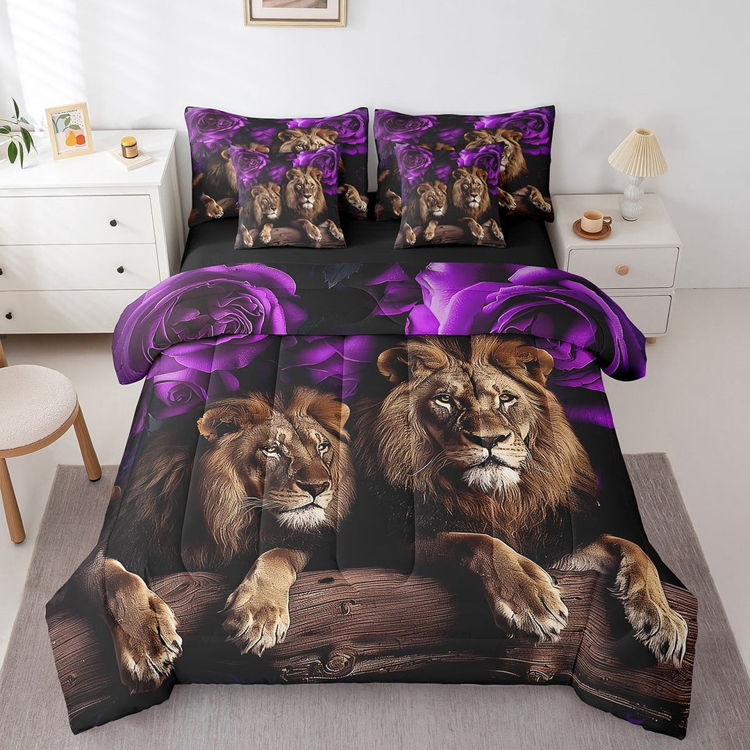 Lion Twin Comforter Set - 7 Pieces Reversible Comforters Twin Size Bed Set Bed in a Bag with Comforter,Purple Rose Sheets,Pillowcases &amp; Shams,African Animals Flowers Floral Bedding Sets
