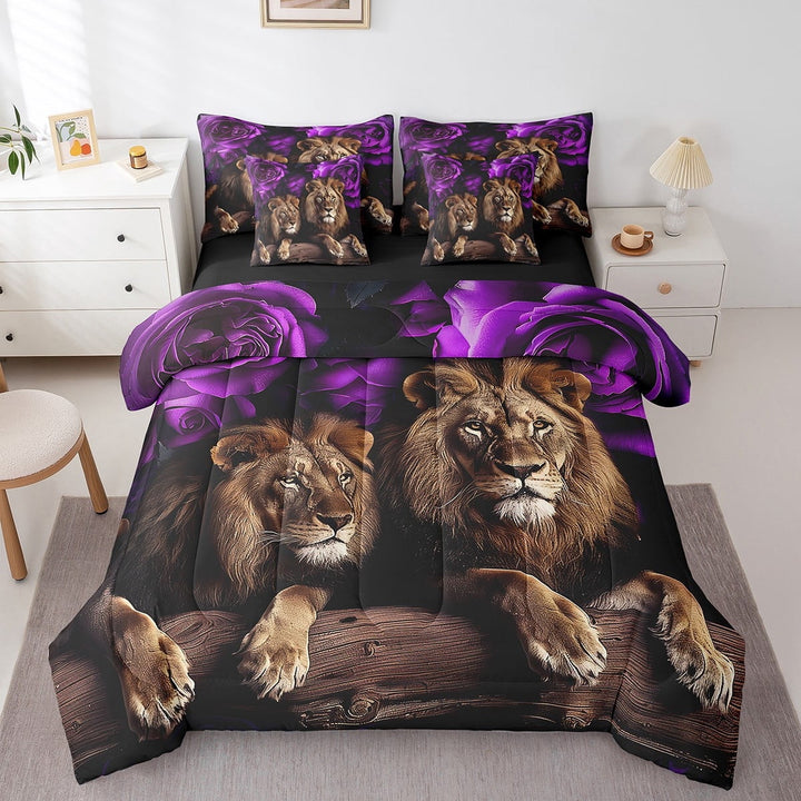 Lion Twin Comforter Set - 7 Pieces Reversible Comforters Twin Size Bed Set Bed in a Bag with Comforter,Purple Rose Sheets,Pillowcases &amp; Shams,African Animals Flowers Floral Bedding Sets