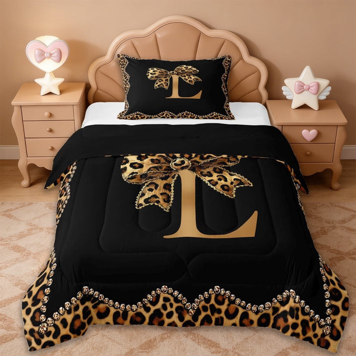 Erosebridal Leopard Print Bows Kids Twin Comforter Sets,Cheetah Pattern L Alphabet Bedding Set For Girls Women,Reversible black,2-Piece