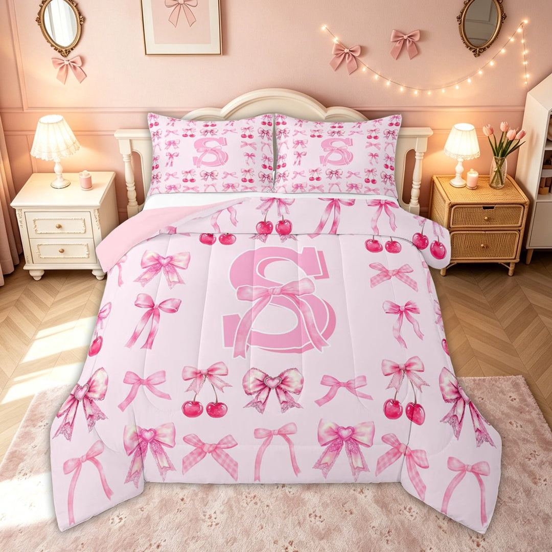 meiyoeat Cherry Bow Letter S Full Size Comforter Sets for Girls, Fruit Ribbon Bedding Comforter Set for Kids, Hot Pink, Pink Reversible, 3 Pieces, 1 Comforter and 2 Pillowcases