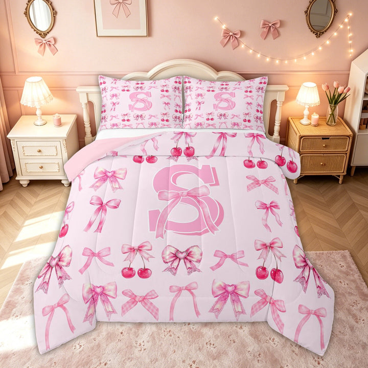 meiyoeat Cherry Bow Letter S Full Size Comforter Sets for Girls, Fruit Ribbon Bedding Comforter Set for Kids, Hot Pink, Pink Reversible, 3 Pieces, 1 Comforter and 2 Pillowcases