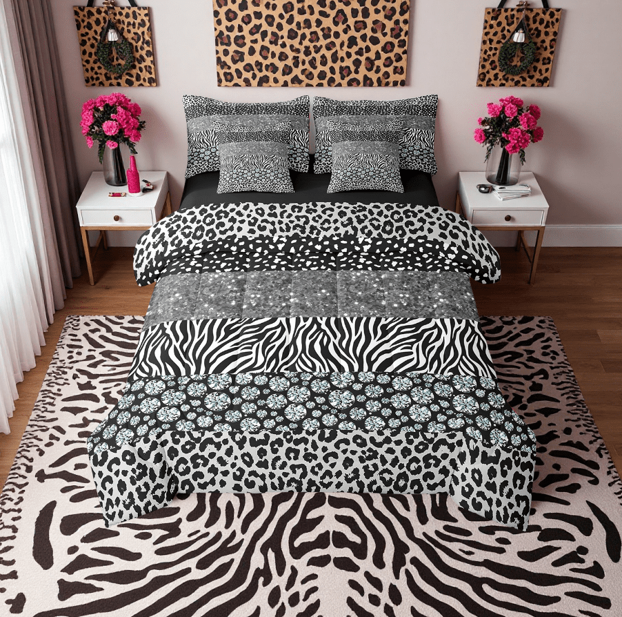 7Pcs Leopard Print Comforter Set Full,Rustic Cheetah Zebra Patchwork Bedding Set Glitter Sequins Romantic Comforter + Flat Sheet + Fitted Sheet + 2 Pillowcases + 2 Throw Pillow Covers, Silver