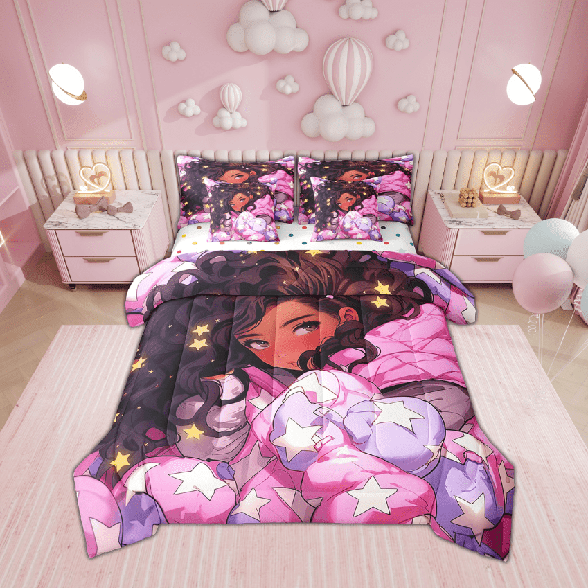 Afro 7 Piece Comforter Set Full Bed in a Bag,American African Princess Magical Bedding Sets Black Hair R Stars Sheet Set with Comforter