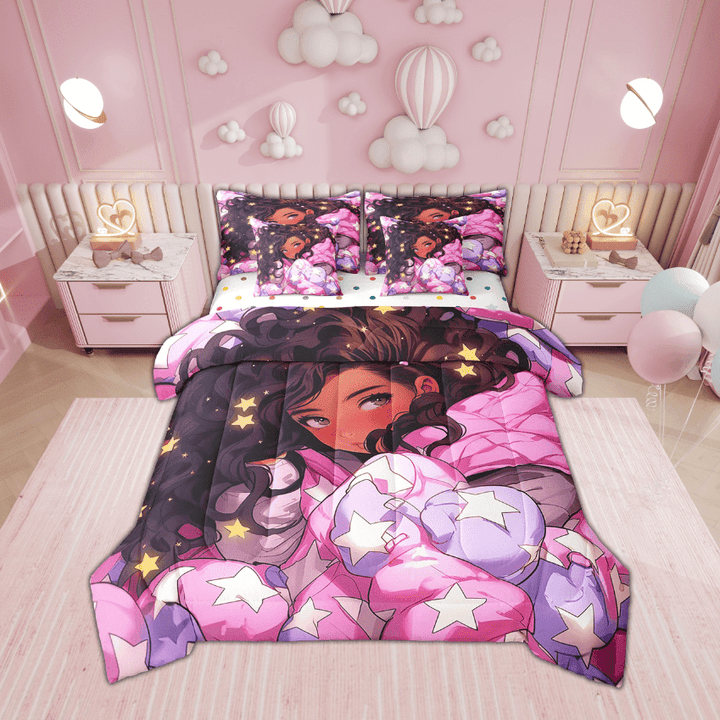 Afro 7 Piece Comforter Set Full Bed in a Bag,American African Princess Magical Bedding Sets Black Hair R Stars Sheet Set with Comforter