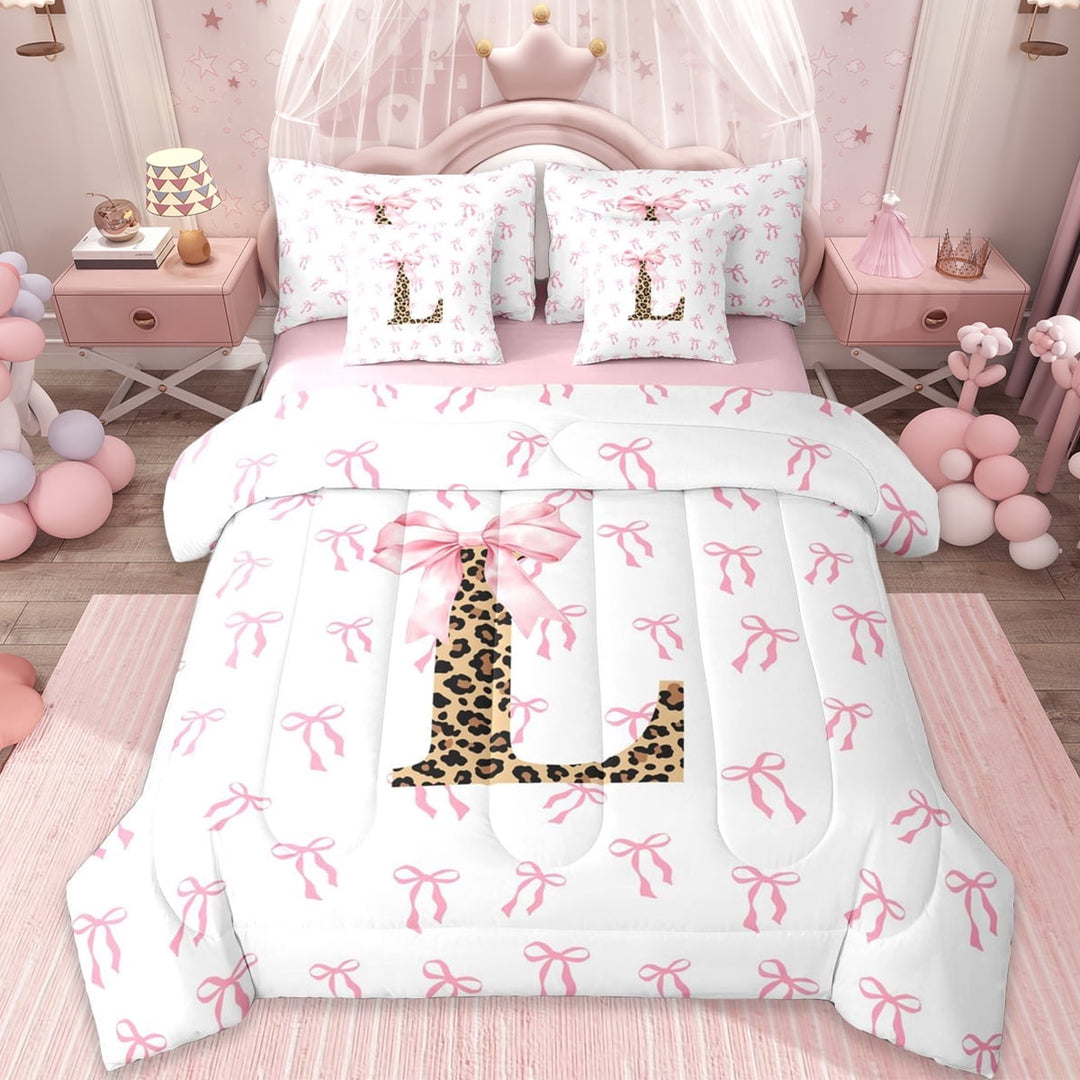Erosebridal Cute Coquette Bowknot 7-Piece Twin Bedding Sets,Leopard Print L Alphabet Bedding Comforter Set For Bowtie Lovers,Reversible