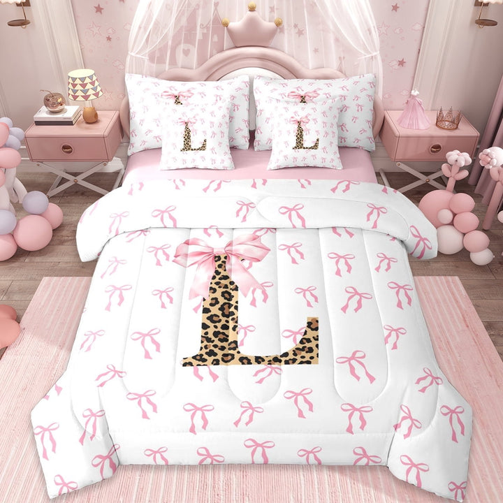 Erosebridal Cute Coquette Bowknot 7-Piece Twin Bedding Sets,Leopard Print L Alphabet Bedding Comforter Set For Bowtie Lovers,Reversible