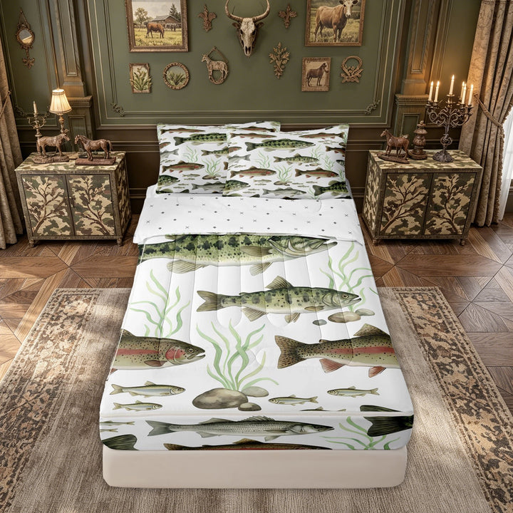meiyoeat Watercolor Trout Bass Fish Zipper Comforter Set with Fitted Sheet and 2 Pillowcases for Men Kids, Rustic Wildlife Zipper Bedding Set, Green Brown, Reversible, 3pcs