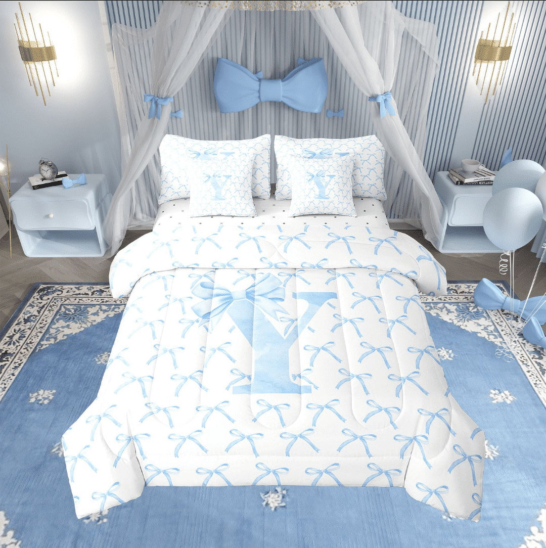 Erosebridal Initial Letter Bedding Sets Twin Size,Monogrammed Bowknot Comforter Sets with Sheets,Kawaii Decoration,Reversible,7pcs