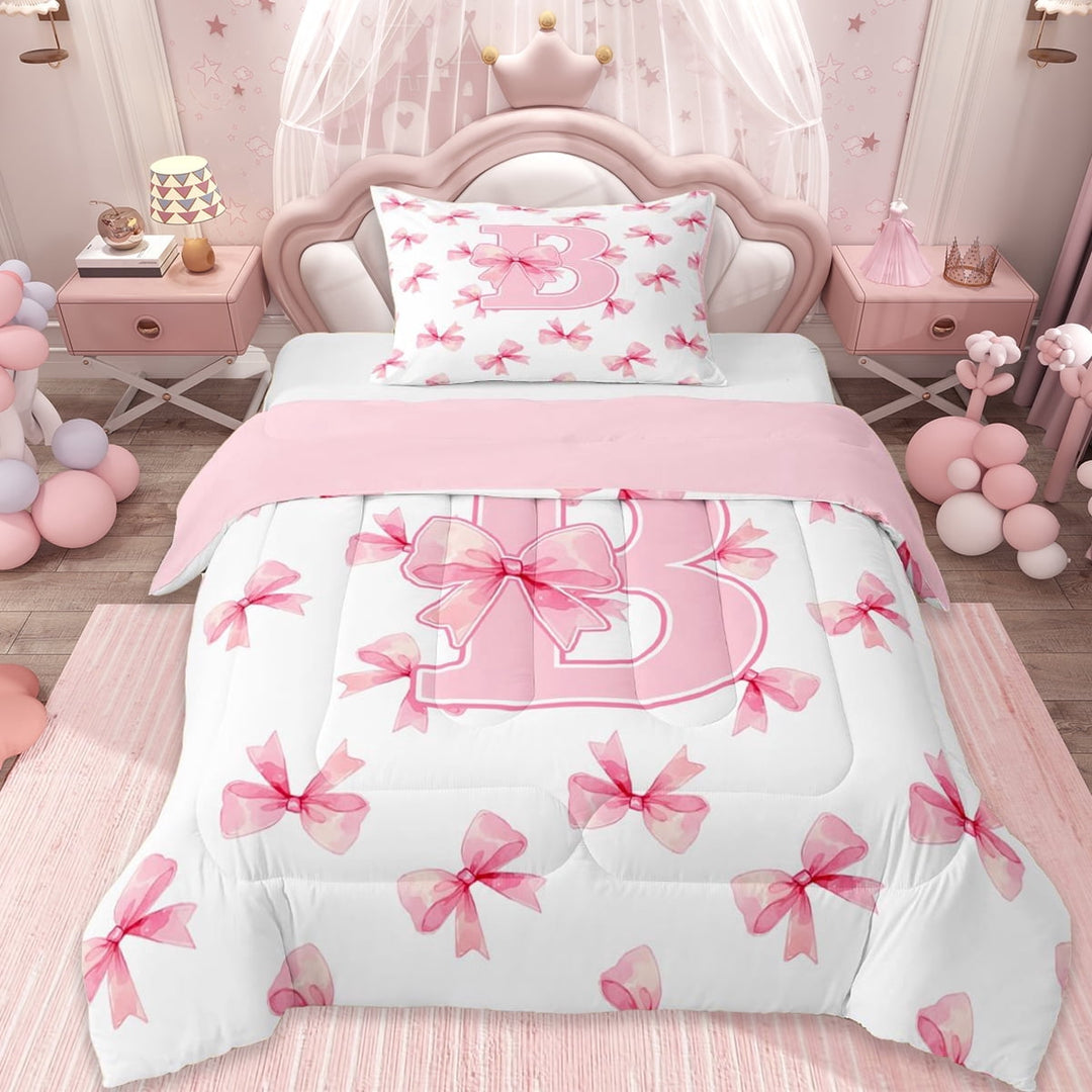 Erosebridal Aesthetic Coquette Bowknot Twin Comforter Sets,Letter B Monogrammed Bedding Set For Girls Kids, Reversible 2 Pieces