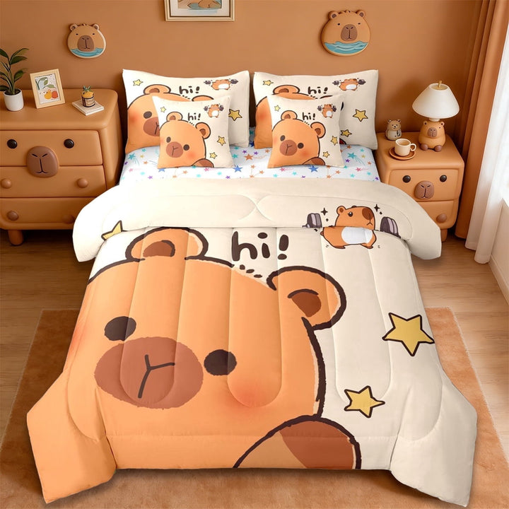 Erosebridal Capybara Lover 7-Piece Twin Bedding Sets For Kids,Cartoon Animals Bedding Comforter Set For Girls Boys Reversible