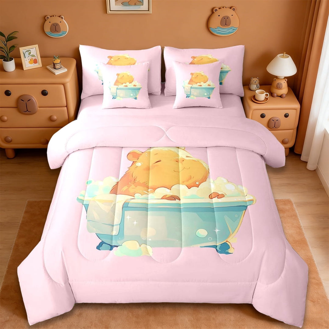 Erosebridal Rodent Animal Capybara 7-Piece Twin Bedding Sets,Cartoon Cute Animal Bedding Comforter Set For Girls Kids ,Reversible Pink