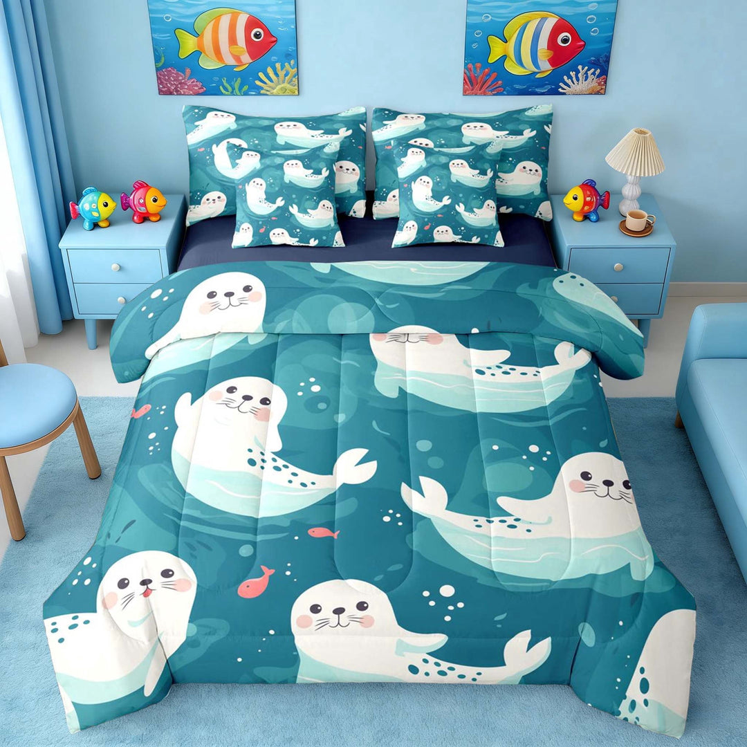 Manfei Cute Cartoon Seal Bedding Comforter Set for Kids Boys and Girls, Deep Ocean Fish Queen Bedding Sets, Navy Reversible 7-Piece