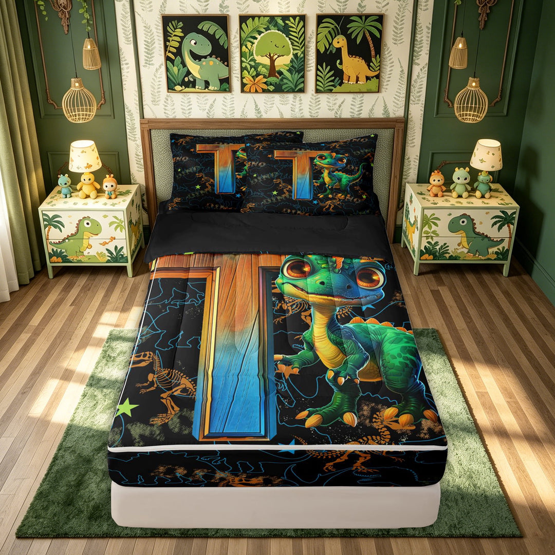 meiyoeat Dinosaur T Initial Zipper Comforter Set with Fitted Sheet and 2 Pillowcases, Cartoon Animals Zipper Bedding Set for Boys Girls, Black Reversible, 3-Piece