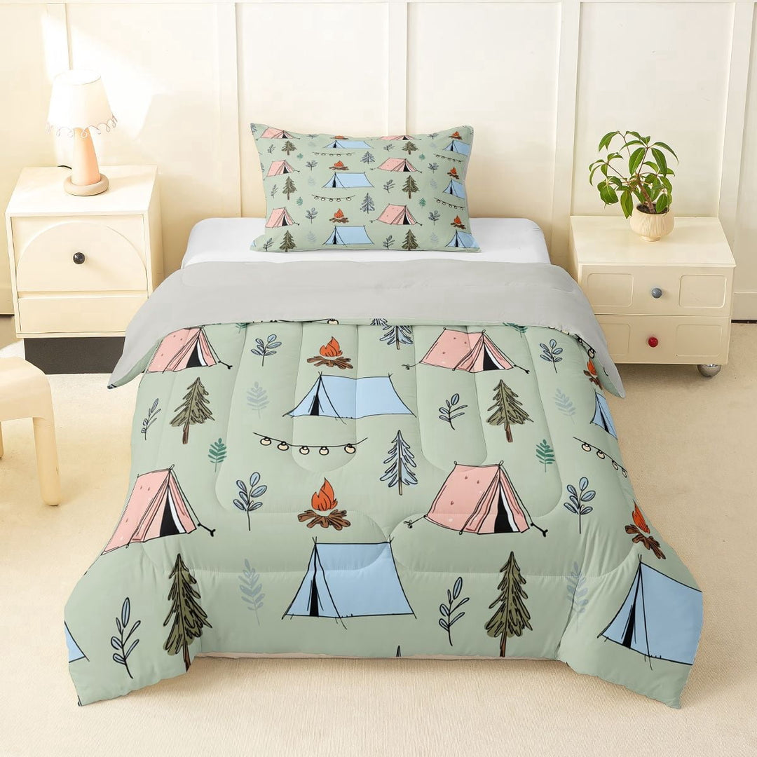 Erosebridal Happy Camping Tent Twin Comforter Sets 3-Piece For Kids Teens,Boys Girls Adventure Theme Tent Bedding Set,Grey Reversible