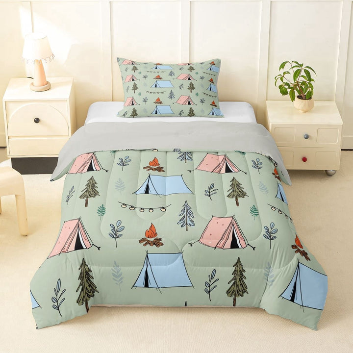 Erosebridal Happy Camping Tent Twin Comforter Sets 3-Piece For Kids Teens,Boys Girls Adventure Theme Tent Bedding Set,Grey Reversible