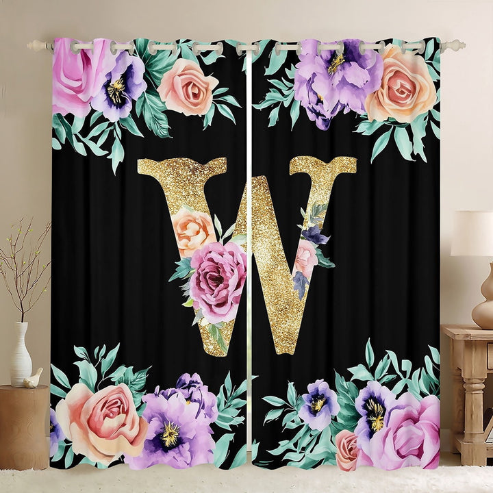 Erosebridal Initial W Letter Curtains and Drapes (38x45), Princess Rose 30%-50% Blackout Curtains for Bedroom, Gold Monogrammed Curtains for Living Room, Window Curtains Room Decorative