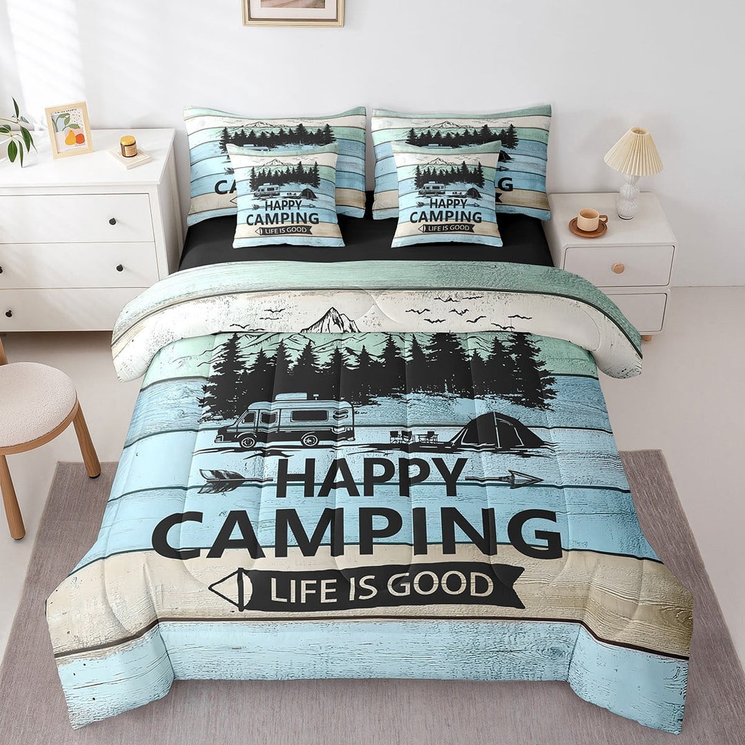 Erosebridal Happy Camping Bedding Sets Twin Size,Rustic Cabin Comforter Sets with Sheets,Adventure Camper Bed in a Bag Twin size,Lightweight Lodge Room Decor,Reversible,7pcs
