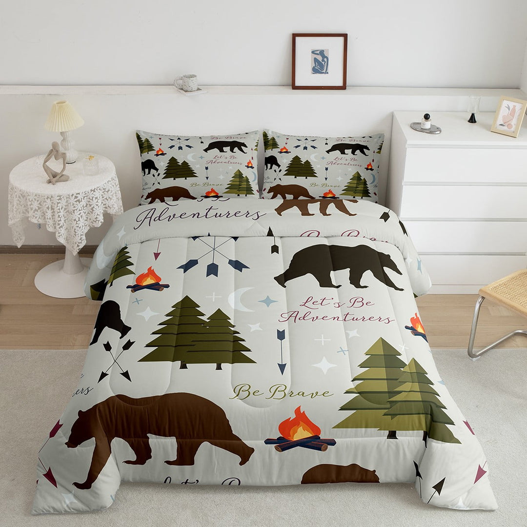 Happy Camping Comforter Set Full Size Hunt Bear Pine Trees Bedding Set Men Adults Cabin Room Decor Campfire Arrow Cartoon Quilt Set Outdoor Adventure Duvet Insert