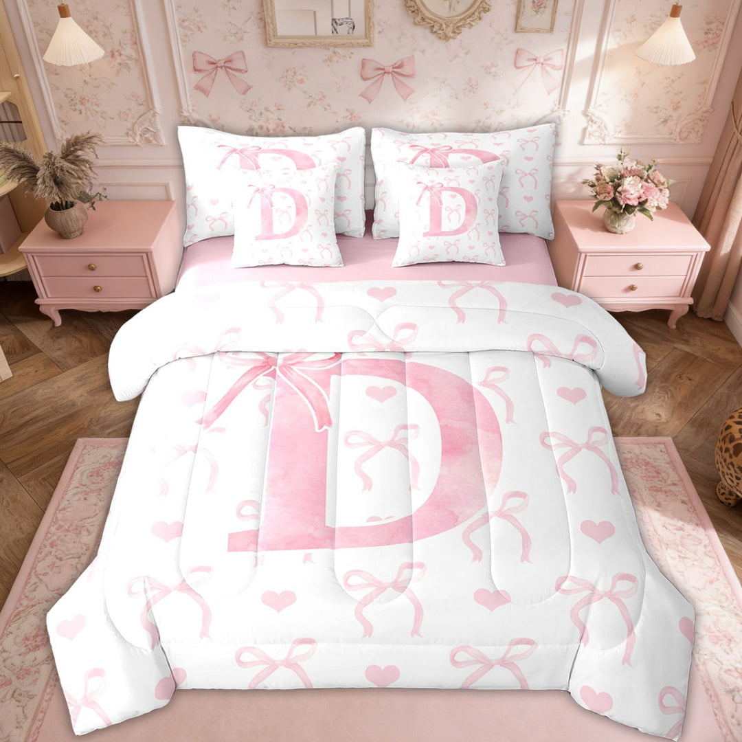 Erosebridal Girly Fairly Bed in a Bag Twin size, Romantic Initial D Bed Set, Kawaii Pink Bowknot, Reversible 7pcs