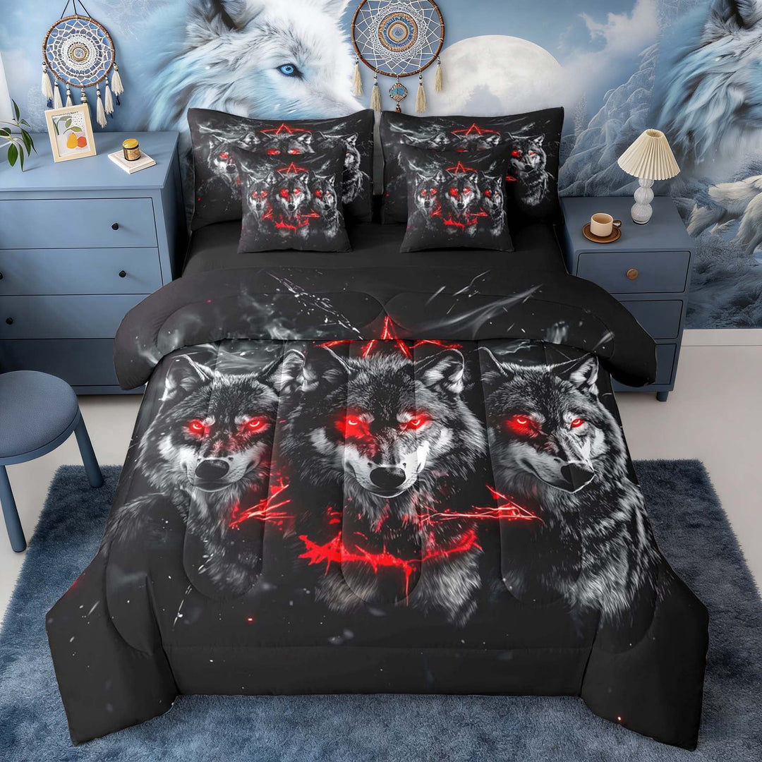 Erosebridal Three Red Eyed Wolves Black Red Print Twin Bedding Sets, Dark Fantasy Bedding Comforter Set for Men and Women, Black Reversible 7 Pieces