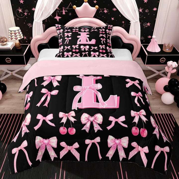 Erosebridal Kid Bow Initial L Twin Comforter Sets, Princess Style Bedding Set, Pink Reversible, 2-Piece