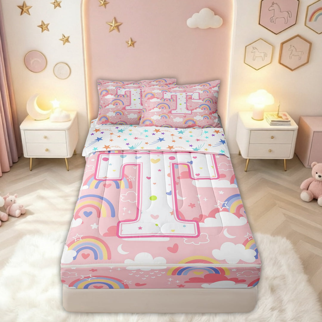 meiyoeat Rainbow Letter T Zipper Comforter Set with Fitted Sheet and 2 Pillowcases for Girls Kids, Cartoon Cloud Zipper Bedding Set for Bedroom, Pink, Colorful Star Reversible, 3 Pieces