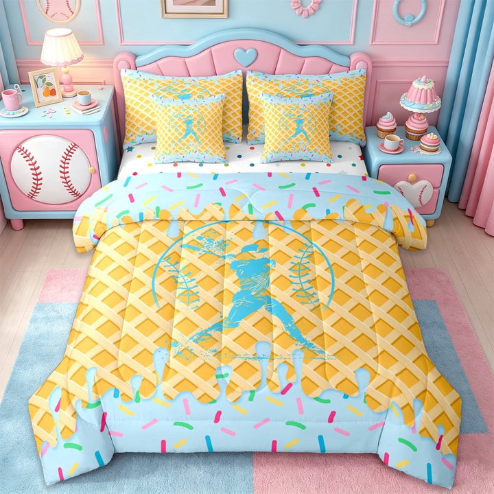Erosebridal Cute Baseball Ice Cream 7-Piece Twin Bedding Sets For Boys,Sport Ball Game Kids Bedding Comforter Set,Reversible
