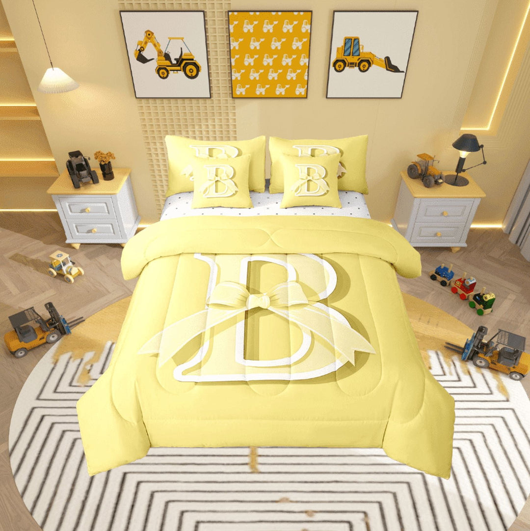 Erosebridal Kawaii Initial Letter Bedding Sets Twin Size, Monogrammed B Comforter Sets with Sheets, Ribbon Cow Reversible Bed Set, Ultra Soft Bedroom Decoration, 7pcs