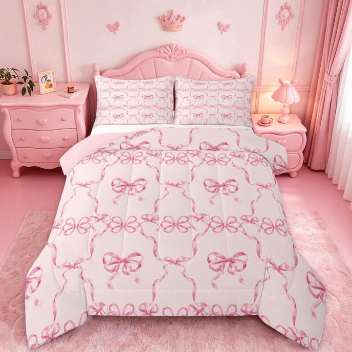 Manfei Girly Bowknot Full Size Comforter Sets,Ribbon Bow Kawaii Bedding Sets For Kids Girls Women Reversible 3pcs